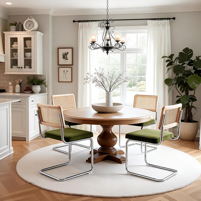 Zesthouse Natural Rattan Dining Chairs Set of 6, Olive Green Modern Kitchen Chairs with Solid Wood Back & Chrome Base, Mid Century Breuer Design Inspired, Upholstered Luxurious Velvet Fabric
