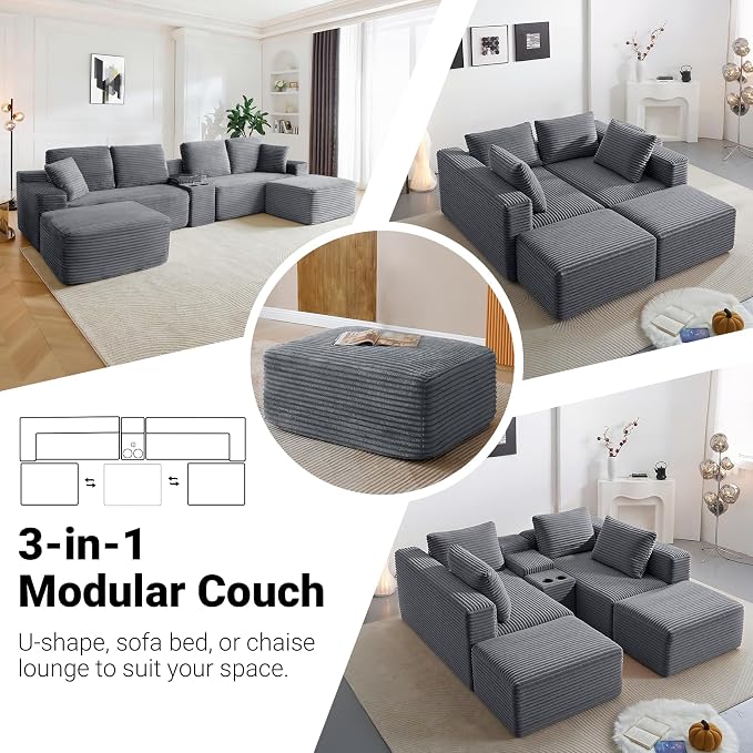 ivoros 150 Inch Modular Sectional Sofa Couch, Oversized Modern Cloud Couch for Living Room, U Shape Couches with 2 Ottomans, USB Ports and Cup Holders, Grey Corduroy Boneless Sofas, Sofa in a Box