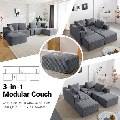 ivoros 150 Inch Modular Sectional Sofa Couch, Oversized Modern Cloud Couch for Living Room, U Shape Couches with 2 Ottomans, USB Ports and Cup Holders, Grey Corduroy Boneless Sofas, Sofa in a Box