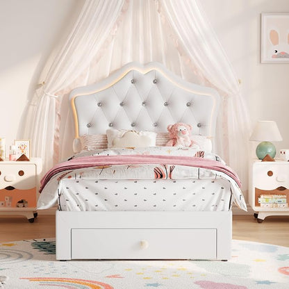Twin Size Bed Frame for Girls with Storage Drawers & LED Lights, Upholstered Platform Bed, Velvet Crystal Button Princess Bed, Noise-Free Slats, No Box Spring Needed for Kids, Teens, White