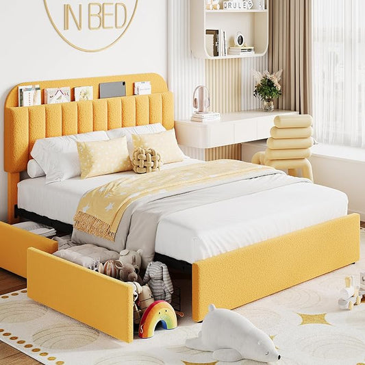 Garvee Full Size Bed Frame with 2 Flexible Drawers, Boucle Upholstered Platform Bed Frame with Bookcase Headboard, Bedframe for Girls/Boys, Easy Assembly, No Box Spring Needed, Noise Free, Yellow