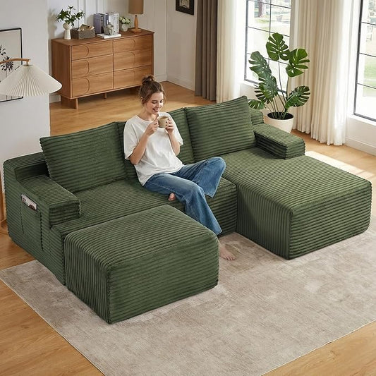 96" Cloud Sectional Couch U-Shaped Chaise with Ottoman, Corduroy Boneless Couch for Living Room Bedroom, Deep-Seat Upholstered Modular Cloud Sofa, No Assembly Required (Green, Right Facing Chaise)