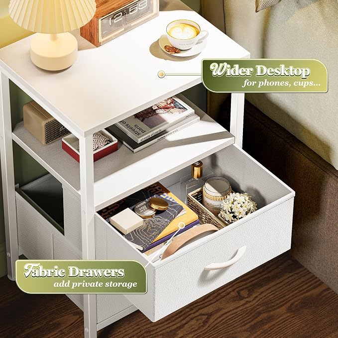 Huuger Night Stand Set of 2, Nightstand with 2 Drawers, Bed Side Table with Open Shelf, Wooden Top, End Table, PU Leather Fabric Drawer Surface, for Bedroom, White