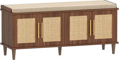 Akxomel Rattan Shoe Storage Bench with Cushion, 2-Tier Entryway Bench with Adjustable Shelves and 4 Doors, 15" D x 47.2" W x 20" H, Solid Wood Legs, for Hallway, Living Room, Bedroom, Walnut