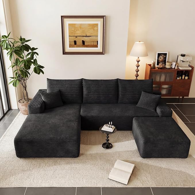 95" Cloud Sectional Couch U-Shaped Chaise with Ottoman, Corduroy Boneless Couch for Living Room Bedroom, Deep-Seat Upholstered Modular Cloud Sofa, No Assembly Required (Black, Left Facing Chaise)