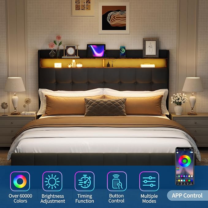 Garvee Full Size Bed Frame with 2 Storage Drawers, Upholstered Bed Frame Full with LED Light, Double-Layer Bedside Headboard with Charging Socket and USB Port, PU Leather, Black