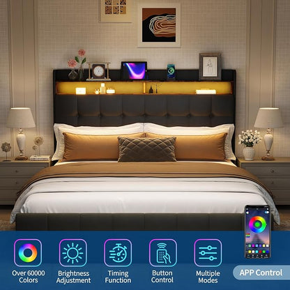 IDEALHOUSE Full Size Upholstered Bed Frame Fabric with Storage Drawers and LED Lights, Headboard and Frame for Cozy Bedroom Sets Upgrades