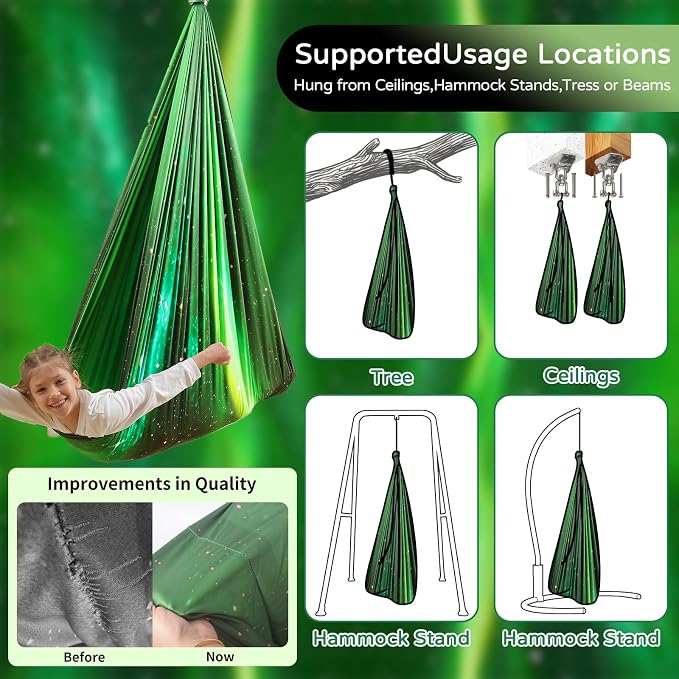Sensory Swing for Kids Indoor & Outdoor Double Layer Therapy Cuddle Hammock Chair with 360 Swivel Hanger Kit Adjustable Swing for Child and Adult with Aspergers Autism ADHD (Aurora Green)
