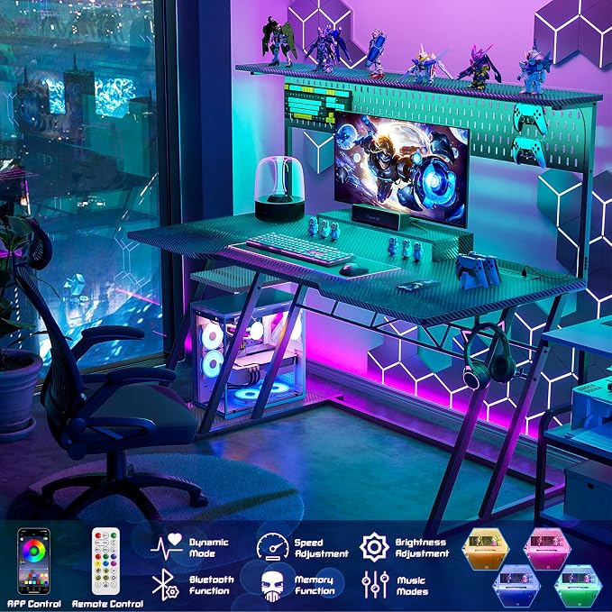 Armocity Gaming Computer Desk with Hutch and LED Lights, 53'' Black Gaming Desk with Storage Shelves, Reversible PC Gamer Desks with Pegboard, Ergonomic Desk for Bedroom, Carbon Fiber Surface