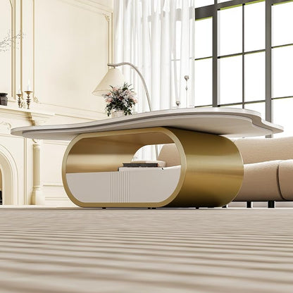 41.7 Inch Marble Coffee Table with Storage Drawer, Modern Butterfly Design, Sintered Stone Top and Gold Stainless Steel Base for Living Room, Scratch Resistant and Easy Assembly