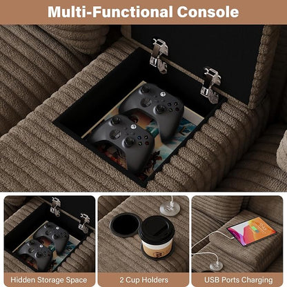 143" Oversized U Shaped Cloud Sectional Couches for Living Room, Comfy Fluffy Corduroy Light Brown Boneless Couch, Large Modular Sectional Sofa Set with Chaise, Cup Holder, USB Port, Storage Console