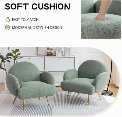 Accent Chair Green with Golden Metal Legs,Reading Chair for Bedroom Comfy, Boucle Sherpa Chair for Living Room, Bedroom