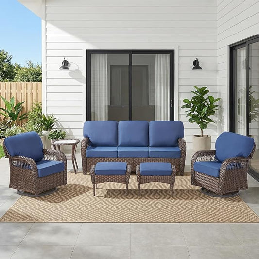 Belord Luxury Patio Furniture Set with 5-inch Thick Cushion, Outdoor Couch and High Back Swivel Rocker Patio Chairs, 6PCS Wicker Conversation Set for Deck Yard and Poolside,Blue