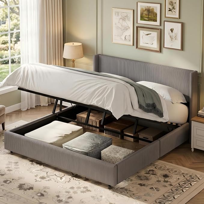 Garvee King Lift Up Storage Bed Frame, Corduroy Upholstered Platform Bed with Gas Lift, Padded Headboard, Wooden Slat Support, No Box Spring Needed, Easy Assembly, Taupe Grey