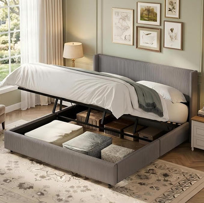 Garvee King Lift Up Storage Bed Frame, Corduroy Upholstered Platform Bed with Gas Lift, Padded Headboard, Wooden Slat Support, No Box Spring Needed, Easy Assembly, Taupe Grey