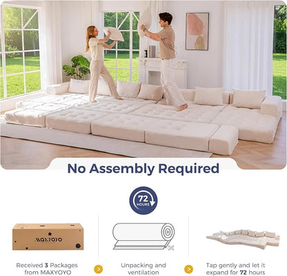 MAXYOYO Modular Sectional Sofa Couch, Foldable Oversized U Shaped Cloud Couch with Pillows, Tufted Boneless Lounger Floor Sofa Bed for Living Room, No Assembly Required, Beige