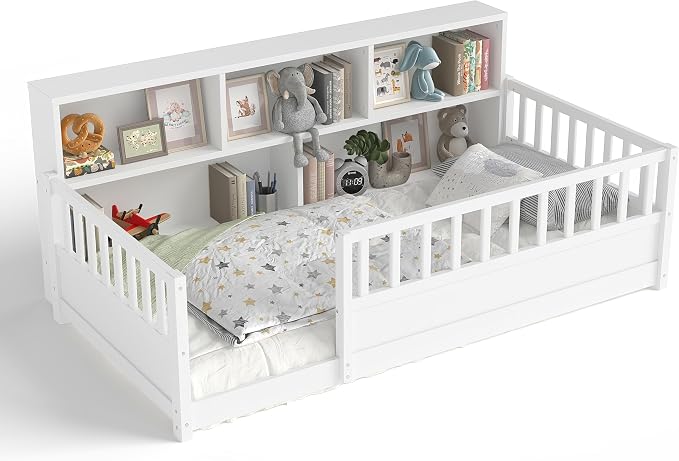 Bellemave Kids Montessori Floor Bed Twin Size,Floor Bed Frame with Bookcase and Fence for Kids Boys Girls,White