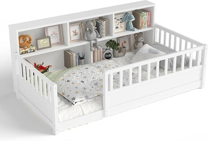 Bellemave Kids Montessori Floor Bed Twin Size,Floor Bed Frame with Bookcase and Fence for Kids Boys Girls,White