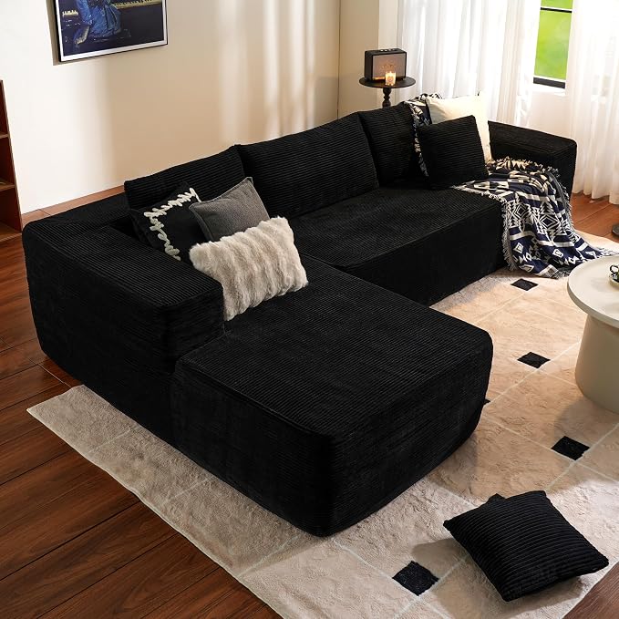 ovios 104" Cloud Boneless Couch with L-Shape Chaise,Modern Sectional Modular Sofa with Deep Seat, Upholstered Couches for Living Room Bedroom,No Assembly Required, Black (Corduroy Fabric)