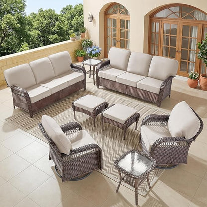 Belord Luxury Patio Furniture Set with 5-inch Thick Cushion, Outdoor Couch,Ottoman and High Back Swivel Rocker Patio Chairs, 8PCS Wicker Conversation Set for Deck Yard and Poolside,Beige