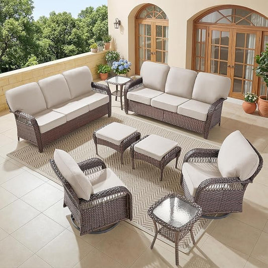Belord Luxury Patio Furniture Set with 5-inch Thick Cushion, Outdoor Couch,Ottoman and High Back Swivel Rocker Patio Chairs, 8PCS Wicker Conversation Set for Deck Yard and Poolside,Beige