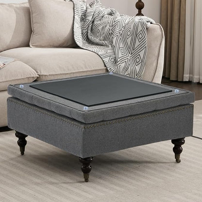 Large Square Storage Ottoman Uphlostered Tufted Button Coffee Table, Oversized Footrest Bench with Castered Rolling Wheels for Living Room, Dark Grey Linen Waterproof