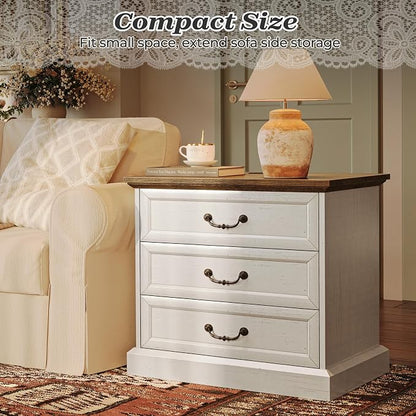 Huuger Nightstand with Charging Station, 3 Drawer Night Stand, 22 Inch Wider Side Table with Storage, Farmhouse Nightstand with Vintage Handles, Thicken Base, for Bedroom, Distressed White