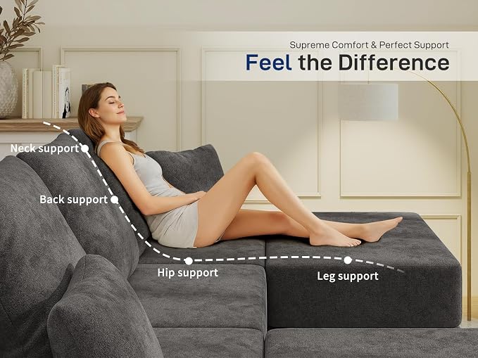 Living&Giving 101" U-Shaped Cloud Sectional Couch for Living Room, Cloud Boneless Couch-No Assembly with Reversible Chaise, Customizable 3-Seat Modular Sectional Sofa with 2 Ottoman,Dark Grey