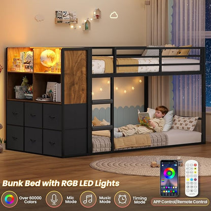 BTHFST Twin Over Twin Bunk Bed, Twin Bunk Beds with Storage & LED Lights, Metal Space Saving Low Bunk Bed with Safety Ladder and Guardrail