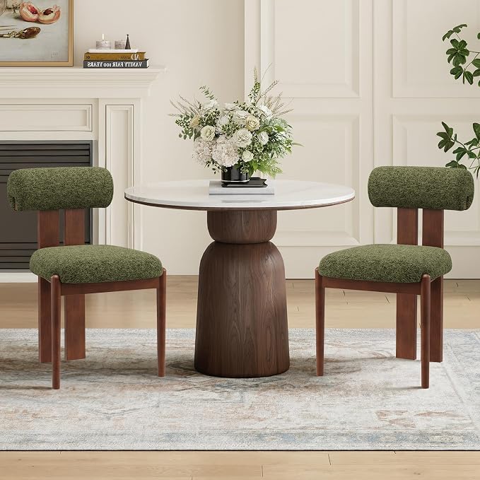 MALOL Modern Wooden Dining Chairs Set of 2, Upholstered Fabric Kitchen Chairs with Sculptural Backrest, Mid-Century Farmhouse Dining Room Chairs with Solid Wood Legs, Green