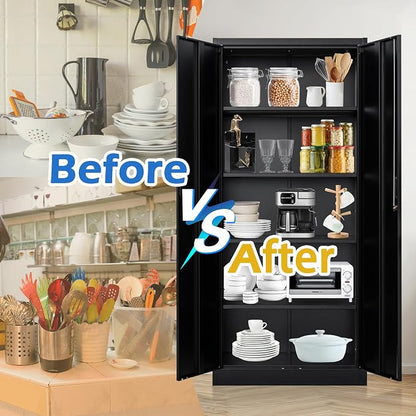 Wanfu Metal Storage Cabinet, 71”H Metal Garage Cabinet with 5 Adjustable Shelves, Locking Storage Cabinets for Garage, Home, Office, Pantry(Black)