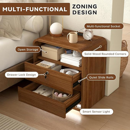 23.6" Walnut Nightstand Set of 2 with Charging Station, Motion-Activated LED Light & Soft Close Lockable Drawer, Anti-Collision Mid Century Modern Bedside Table with 500 LB Capacity & Hidden Storage