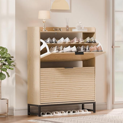 MU Shoe Storage Cabinet with 2 Flip Drawers, Freestanding Fluted Shoe Cabinet, Narrow Wood Shoe Cabinet, Hidden Shoe Organizer with Metal Legs for Entryway, Foyer, Hallway