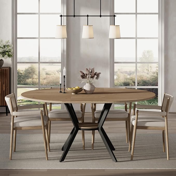 42"-58" Extendable Round Dining Table for 4-6, Kitchen Oval Table with Built-in Flip Leaf & Storage Shelf, Space Saving Modern Design with Sturdy Metal Legs for Kitchen, Living Room & Small Apartments