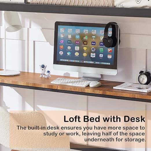 VECELO Metal Loft Bed Twin Size with Desk, Heavy Duty Bedframe with Removable Ladder and Safety Guardrail, Space-Saving, Noise Free, No Box Spring Needed, Matte Black