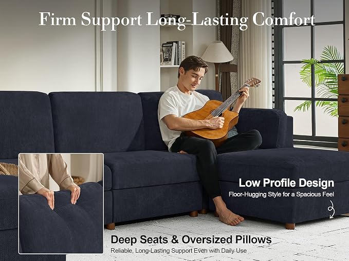 Oversized Modular Sectional Sofa 3 Seater Cloud Couches Blue | 115'' Deep Seat Couch for Living Room, Comfortable Luxury Sectional sofa, Solid Wood Frame, Removable Washable Cover