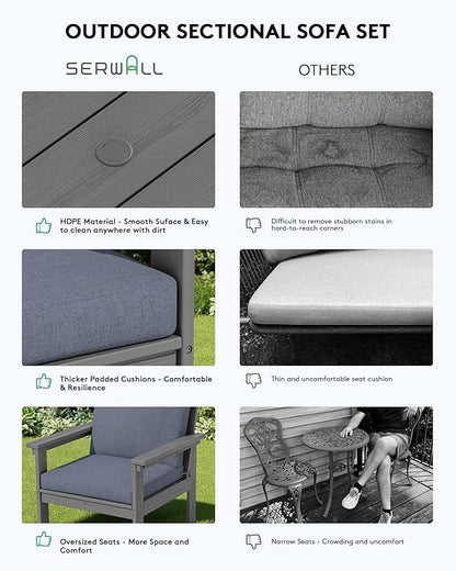 SERWALL HDPE Patio Furniture Set with 15FT Patio Umbrella, 7-piece Outdoor Sectional Sofa Set, All Weather Patio Couch Set for Deck, Gray &Gray (Umbreall Base not Included)
