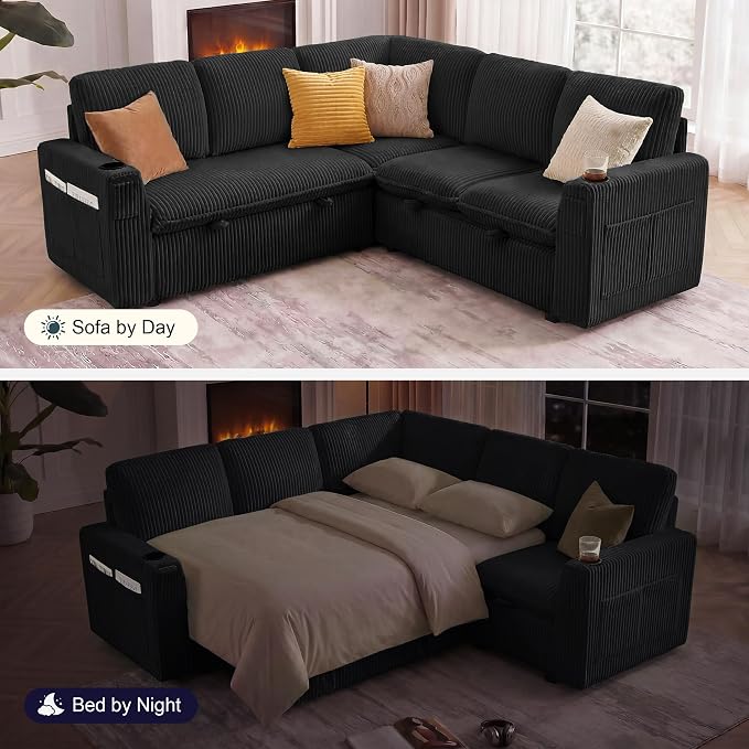 Sectional Sleeper Sofa with Pull Out Bed, Plush Corduroy 5 Seat Modular Sectional Sofa with Storage Chaise and Adjustable Backrest, Cloud Couches for Living Room, Apartment, Black