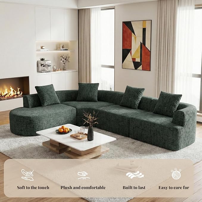 123" Curved Modular Sectional Sofa for Living Room, Oversized Chenille Cloud Couch, L-Shaped Boneless Sofa with Chaise Lounge, Compressed Couch Deep Seat, No Assembly (Green, L-Shape Left Chaise)