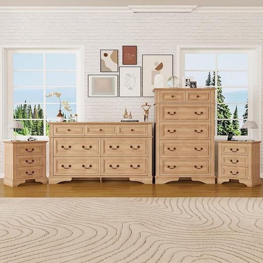 Farmhouse Dresser and Nightstand Sets, 6-Drawer with 7 Drawer Dresser & 3 Drawer Nightstand Sets, 4 Pieces Rustic Wood Bedroom Furniture Set for Home, Bedroom, Hallway(Natural)