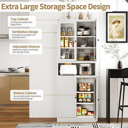 Kitchen Pantry Cabinet, 72" H Storage Cabinet with Glass Doors and Adjustable Shelves, Spacious Cupboard with 2 Handles, Metal Kitchen Cabinet for Dining Room, Living Room, White