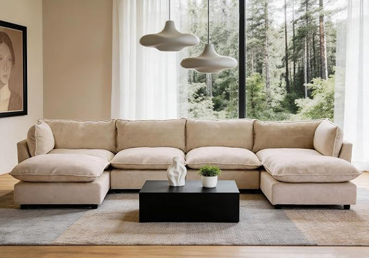 Iroomy Modular Sectional Sofa, U Shaped Chenille Cloud Couch, Deep Comfy Seat, 6-Seater Sofas Couches for Living Room, Beige