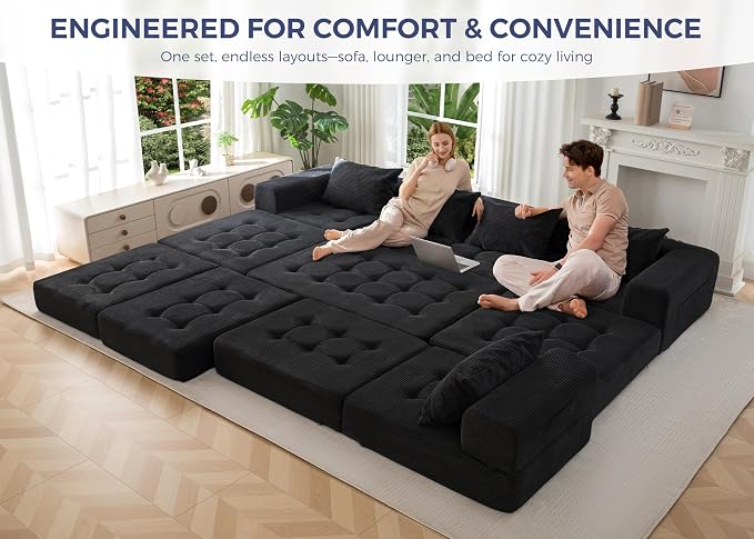 MAXYOYO Modular Sectional Sofa Couch, Foldable U Shaped Cloud Couch with Pillows, Tufted 6-Seat Boneless Sofa Lounger for Living Room, No Assembly Required, Black