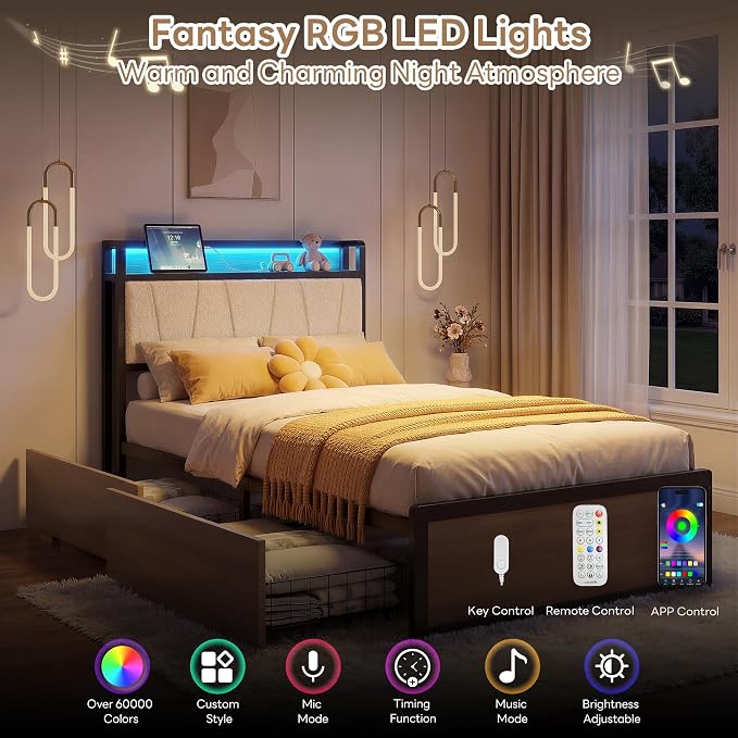 LIKIMIO Twin Bed Frames with 2 Storage Drawers, Charging Station & LED Lights, Platform Twin Bed with Boucle Upholstered Headboard, Strong Metal Slats, No Box Spring Needed, Easy Assembly, Wood/Cream