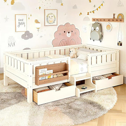 Bellemave Twin Bed with Storage Drawers & Bookshelf, Low Profile Kids Bed Frame with Staircase & Full Length Guardrails, Solid Wood Twin Bed for Kids with Slats Load 300LBS, Easy Assembly, Beige