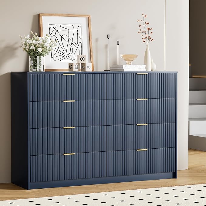 Furniway Navy Blue Dresser Bedroom Set 3 Pieces, Nightstands Sets of 2, 8 Drawer Dresser with Gold Handles for Bedroom