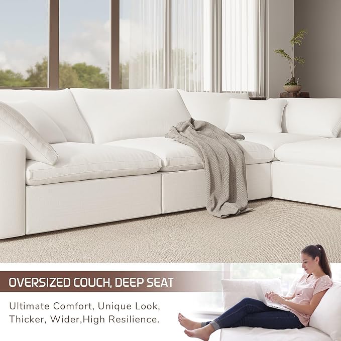 Modular Sectional Sofa,Extra Comfty Deep-Seat-Filled Couch, White 6 Seat U Shape Sofas with Movable Ottoman, Modern Couches for Living Room, Apartment, Office,Small Space