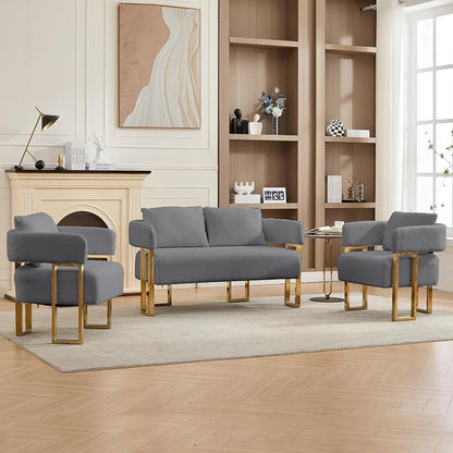 YISHENG Loveseat Sofa Modern Accent Chairs for Living Room with Golden Metal Legs Soft Teddy Upholstered Reading Armchairs no Wheels for Reception Room//Bedroom/Lounge/Office,Grey
