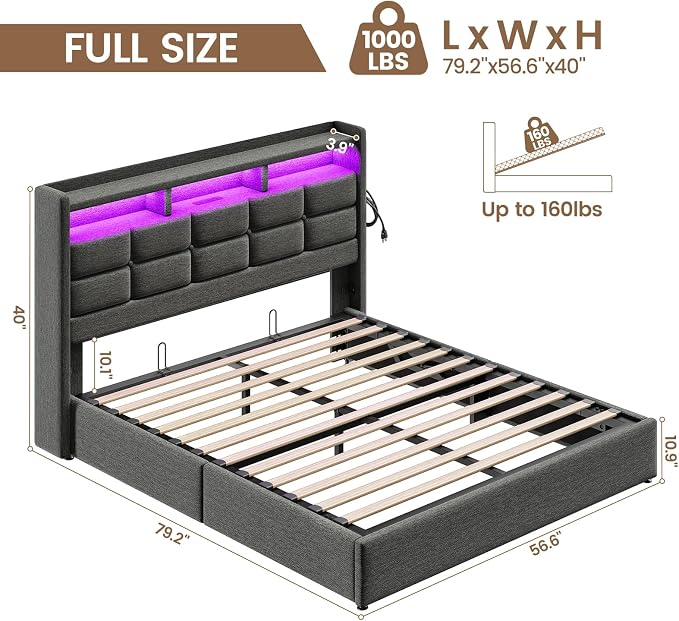 Driftalia Lift Up Full Size Bed Frame with Storage, Upholstered Full Bed Frame with LED Lights Headboard and Charging Station, No Box Spring Needed, Easy Assembly - Dark Grey