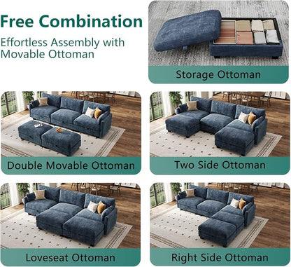 Modular Sectional U Shaped Sofa Couches for Living Room, Cloud Couch with Storage Ottoman, Comfy Chenille Sofa with Pillow, Blue